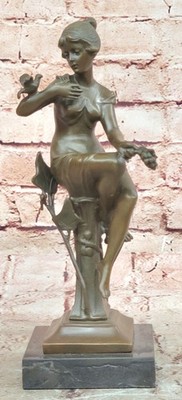 Vintage Bronze Woman Goddess Holding Bird Figure Statue Lost Wax Method Figure
