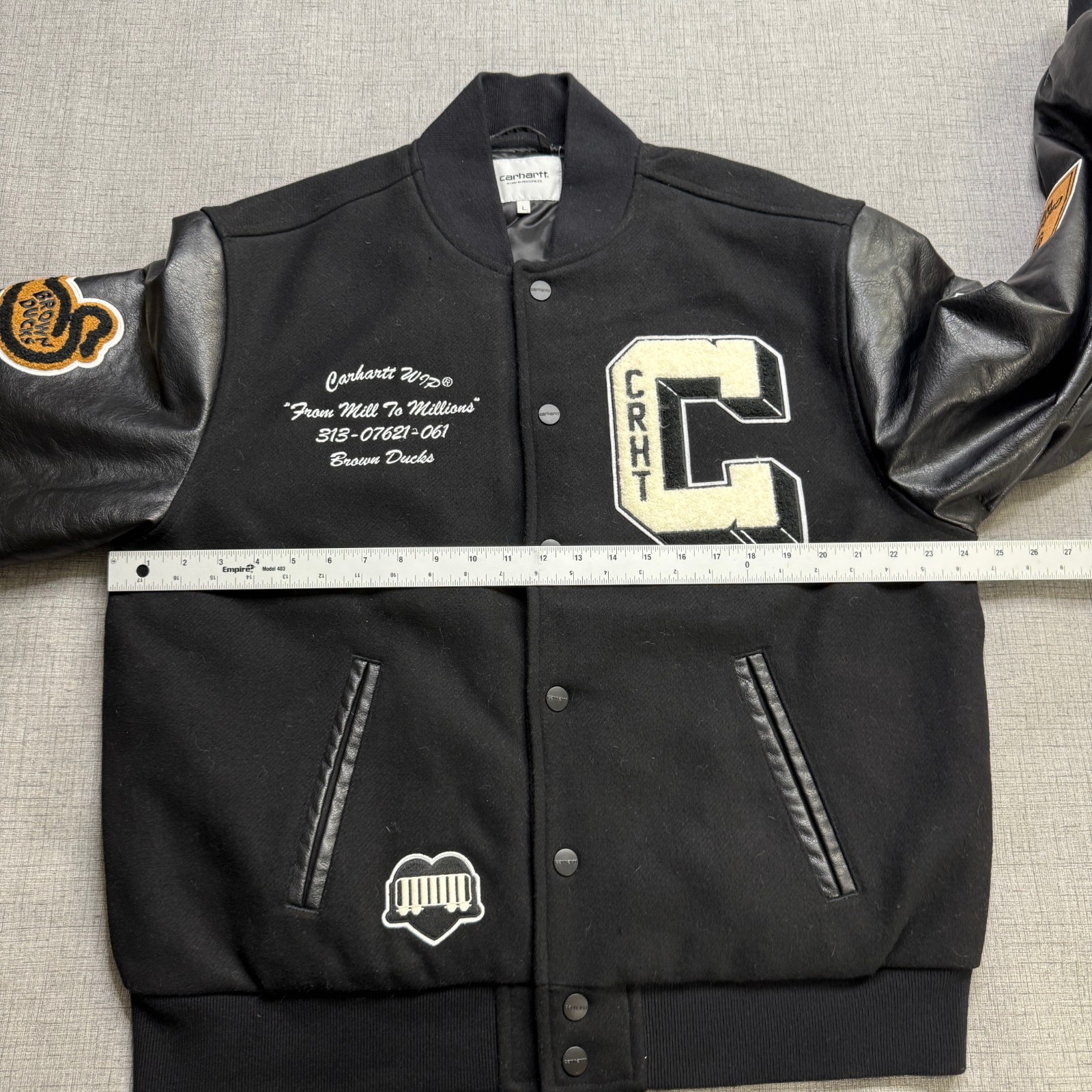 Carhartt WIP Brown Ducks Bomber Jacket Men's L Black Varsity Faux Leather thumbnail 11