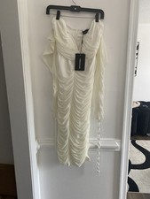 PrettyLittleThing White Mesh V Bar Ruched Detail Bardot MIDI Dress Size 10