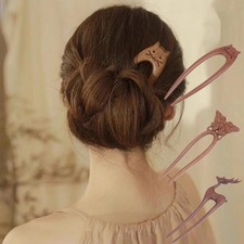 Wood Hair Stick U-Shaped Hair Fork Cat Butter...