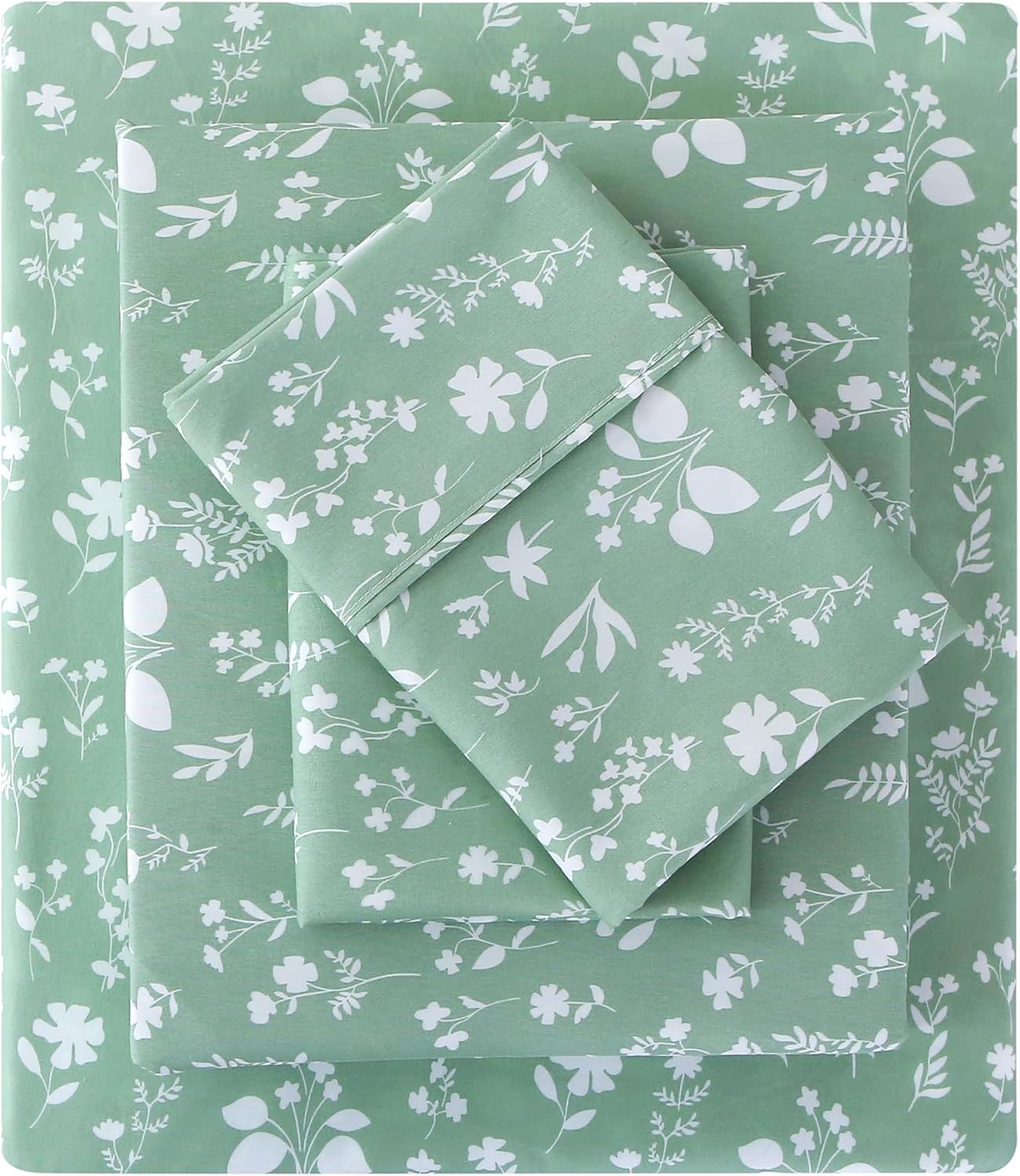 Sage Green Queen Sheet Set - 4 Piece Vintage Green Flower Patterned Bed Sheets -