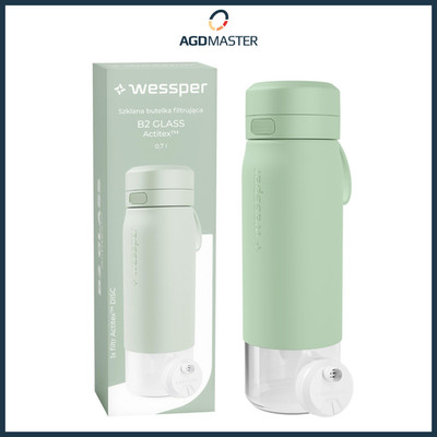 Trinkflasche Wessper 0,7L Glas mit Silikonhülle, Wasserfilter, Verschluss, minze