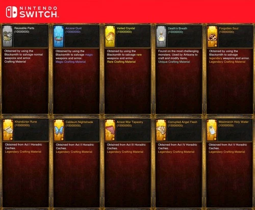 Diablo 3 NINTENDO SWITCH Softcore | All Crafting Materials 10 Million Each