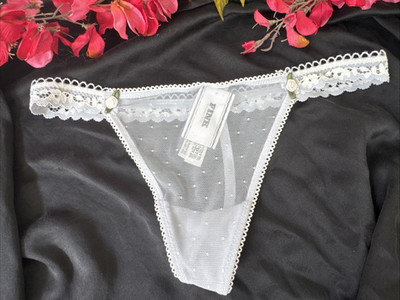 PINK VICTORIA'S SECRET XS EMBROIDERED BLUE V STRING THONG PANTIES SUMMER NWT