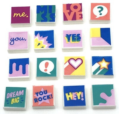 Lego 16 New 1 x 1 Tiles Hey You Rock Miss Love You Yes and Dream Big Pieces
