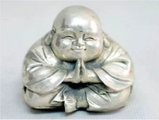  Old Tibet Silver Sitting Small Laughing Buddha Statue 