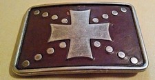 Cross Belt Buckle Leather Background Silver Metal Used Unmarked Rectangular