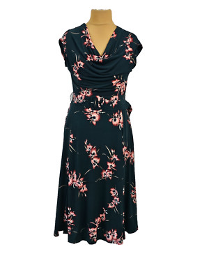 ANNA ROSE Gr.40 sehr schönes Kleid fit&flare wadenlang Blumen Gürtel dunkelgrün