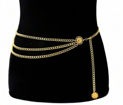 Women Vintage Gold Coin Metal Retro High Waist Charm Waistband tassel Chain Belt