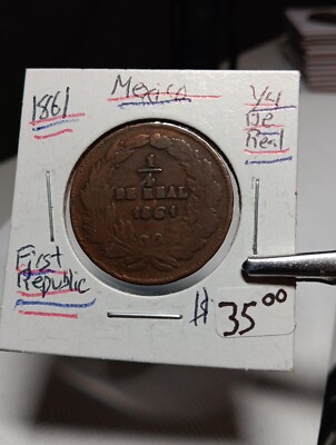   1861 Mexico 1/4 Real W/ Clip Mark   Vg Choice A/145