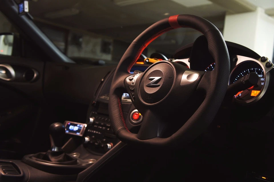 RACING FLAT BOTTOM SHAPE STEERING WHEEL RED STITCHING LEATHER FOR NISSAN 370Z - Image 2 of 4