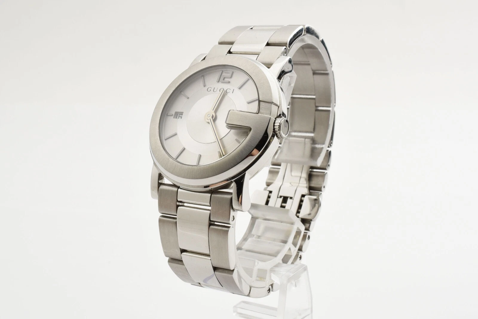 Montre homme vintage [presque comme neuve] GUCCI 101J cadran blanc visage G quartz argent 17,5 cm