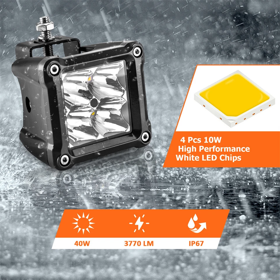 3'' 40W LED Light Pods +Hood Mount Brackets+ Wire For 99-22 Chevy Silverado 1500 - Image 3 of 4