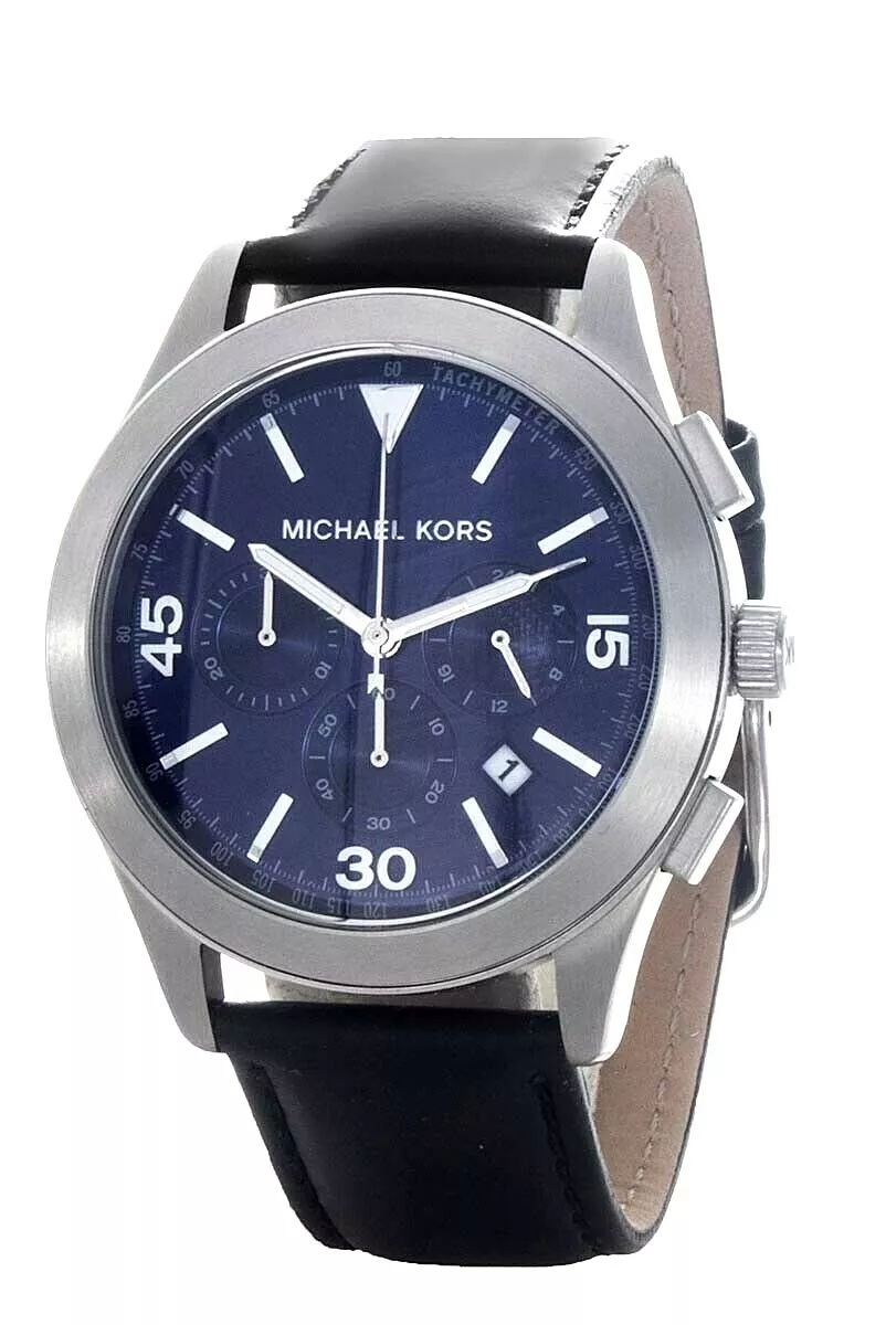 Michael Kors Men s Blue Dial Stainless Steel Black Leather Strap