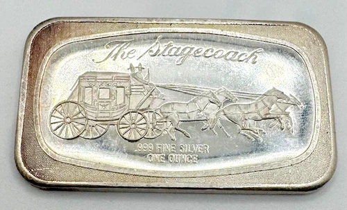 Vintage and Rare Wells Fargo Stagecoach Vintage 1 Oz Proof Silver Bar
