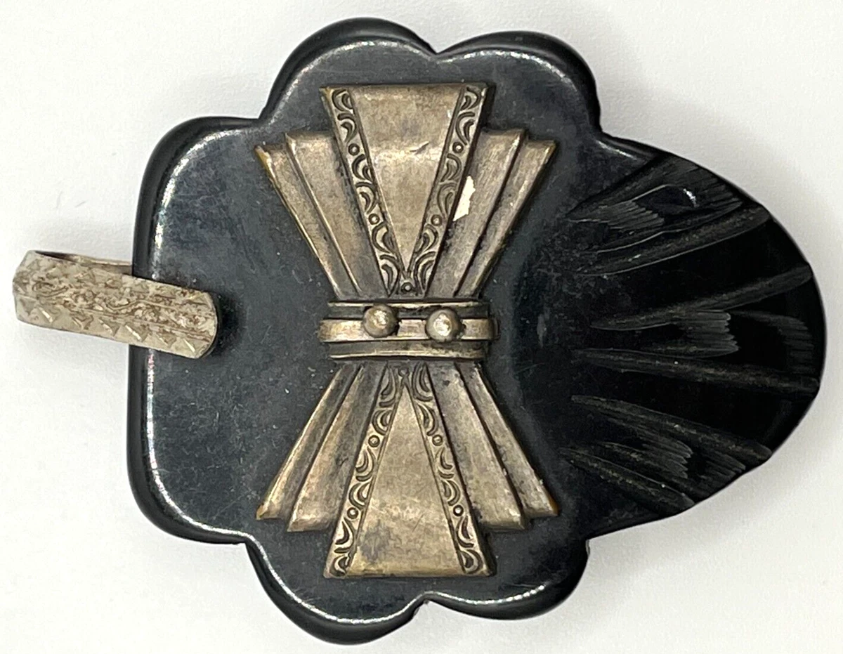 Vintage Art Deco Black Carved Bakelite Bow Belt Buckle Vintage Antique Bakelite Art Deco Carved Black Belt Buckle  main image 2
