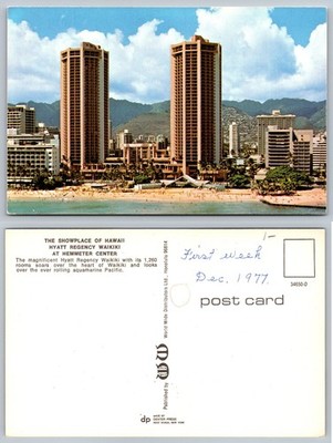 Hyatt Regency Waikiki Hawaii Postcard 1977 Honolulu Beach Hotel Chrome