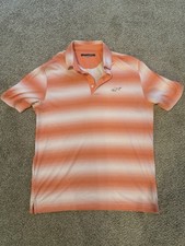 Greg Norman Polo Shirt Mens Large Orange White Stripes Active Short Sleeve Golf