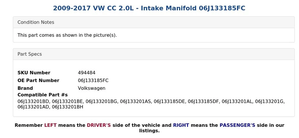 VW CC 2009-2017 2,0 L - Colector de admisión 06J133185FC Foto 4 de 4