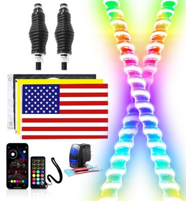 2PCS 3FT RGB Chasing COB LED Whip Lights With Flag App & Remote Control UTV ATV