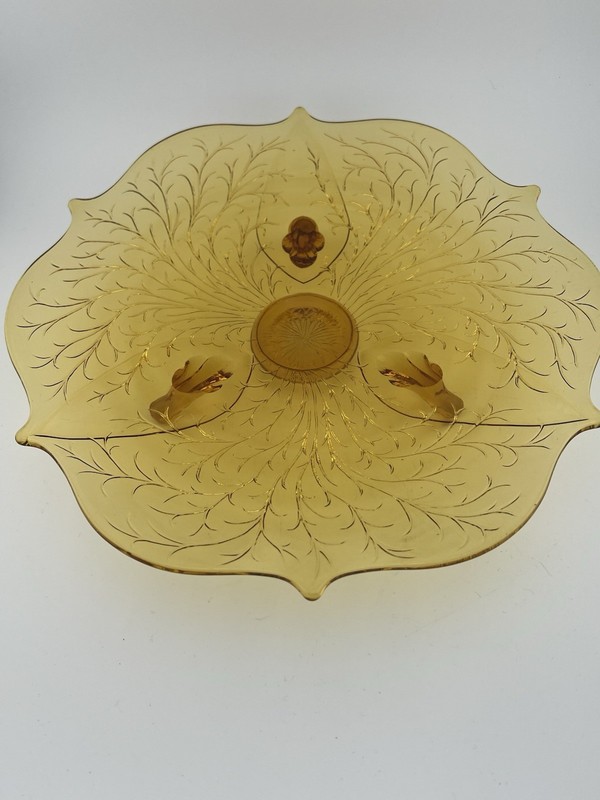 1930s Fenton Silvertone Wisteria 3 Toed Amber Glass Dish Serving Vintage Plate