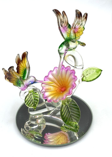 Pair of Hummingbirds, Spun Glass, Flower & Leaves, Mirror Base, 4" x 3.2"