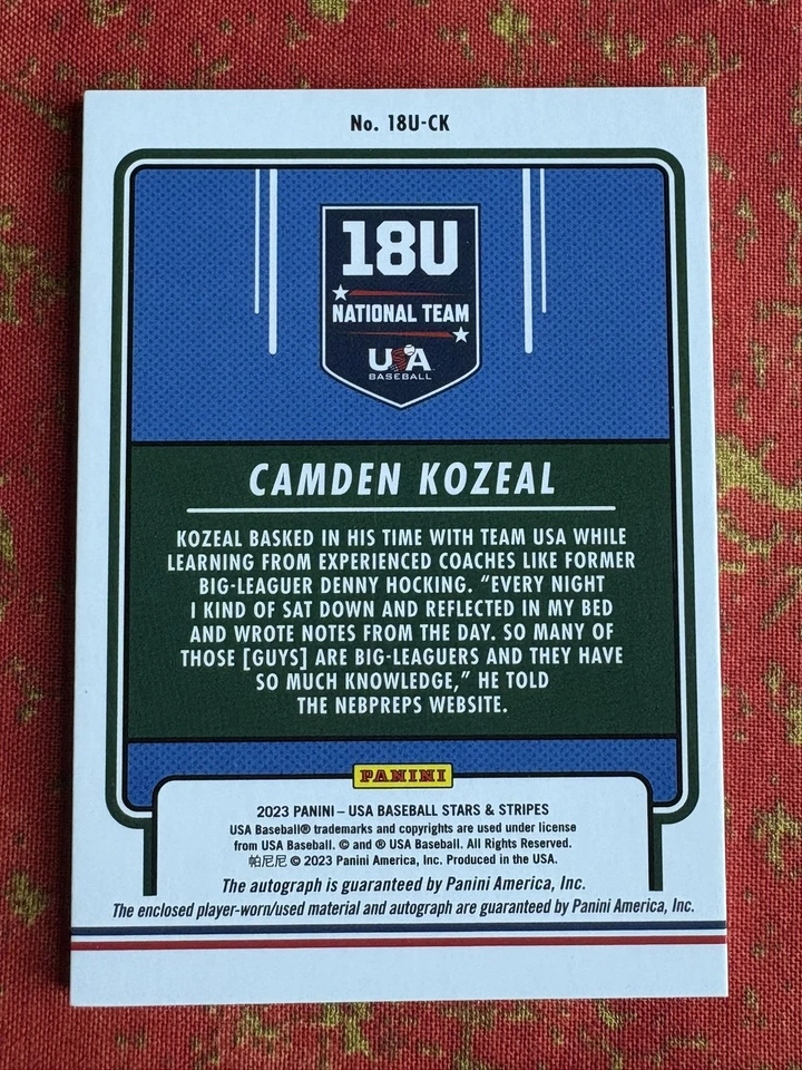 2023 Panini Stars & Stripes Camden Kozeal 18U Gold Auto /10 #18U-CK Arkansas - Image 2 of 2