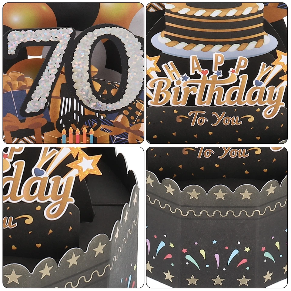 70 cumpleaños, tarjeta de cumpleaños emergente feliz cumpleaños para niño mujer, negro dorado Foto 4 de 4