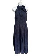 White House Black Market Dress S Small Sleeveless Tie-Neck Smocked Midi Blue