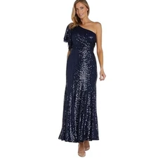 NW Nightway One Shoulder Sequin Formal Gown Navy Blue 6 NWT