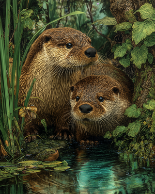 #ad 8x10 River Otters pair in water riverbank painterly wet fur 661807421 $6.95
