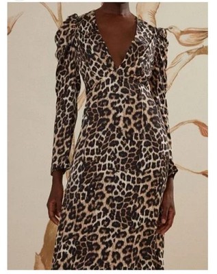 Farm Rio Natural Skin Cream Leopard Midi Dress Puff Sleeve V-Neck Size M