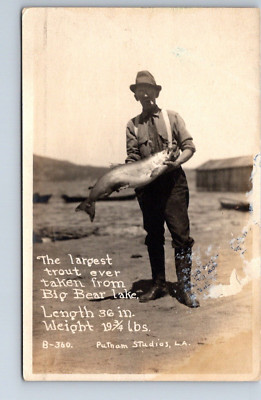 RPPC Real Photo Postcard California Big Bear Lake largest trout ever taken 36 in