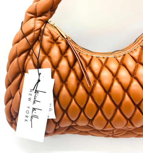 NICOLE MILLER medium Brown Cognac Hobo Tote Quilted Shoulder Bag New - Picture 3 of 17