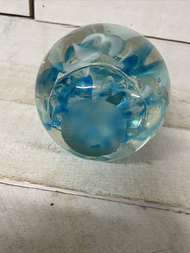 Handcrafted 3” Blue & White Marble Swirl glass Paperweight Fast Shipping - Picture 6 of 9