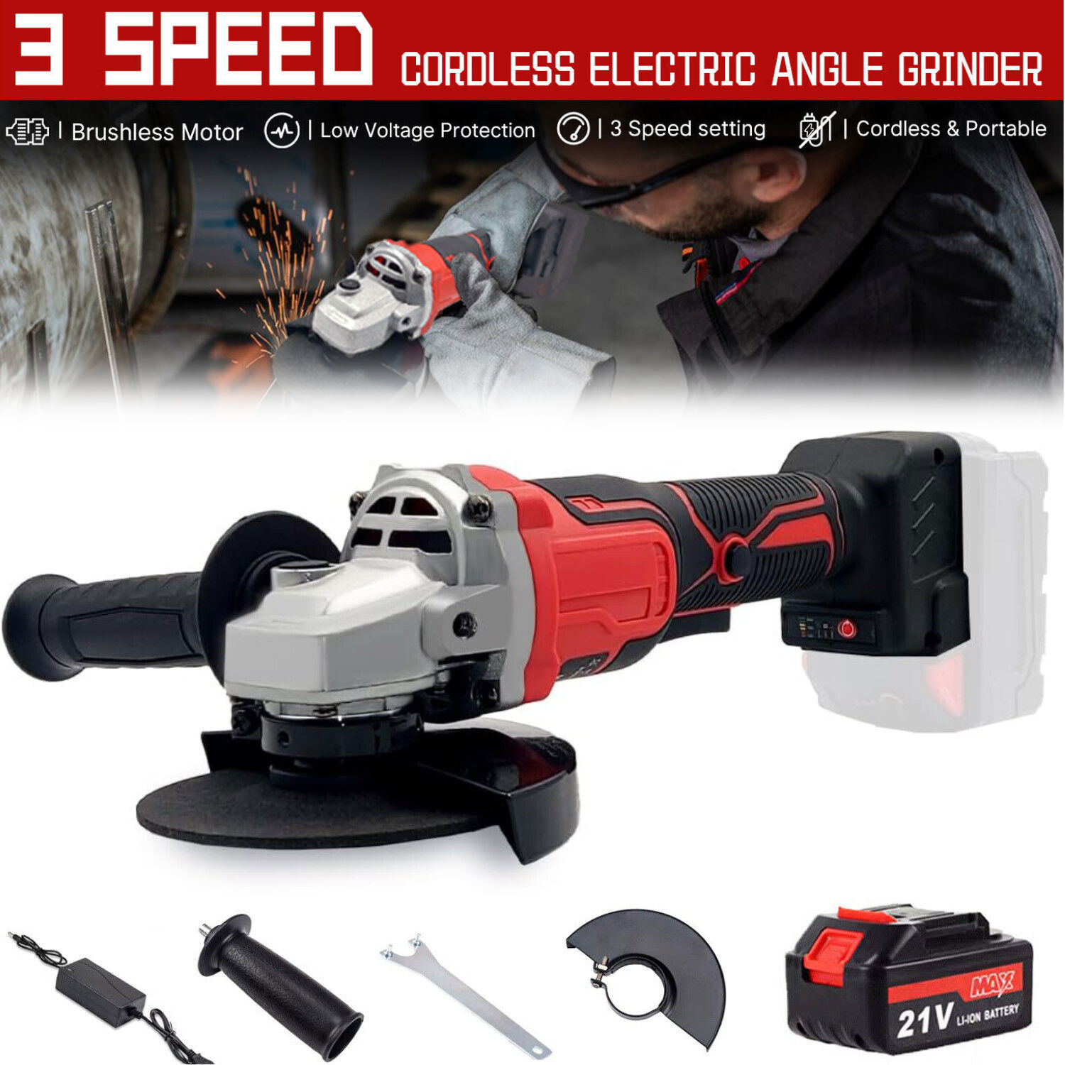 21V Brushless Angle Grinder Adjustable Grinding Tool Polishing Grinding Cutting