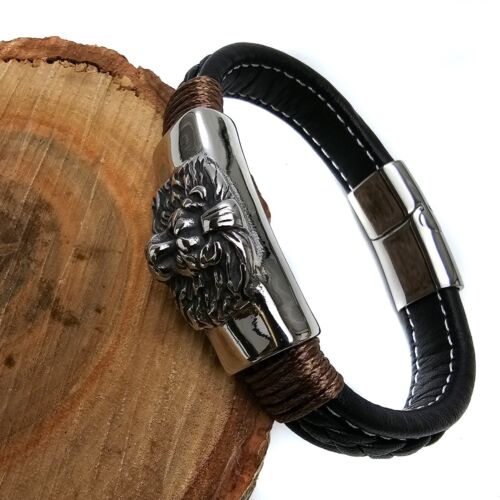 Lederarmband für Herren | flaches Armband mit Löwe | Magnetverschluss | Schwarz - Bild 4 von 9