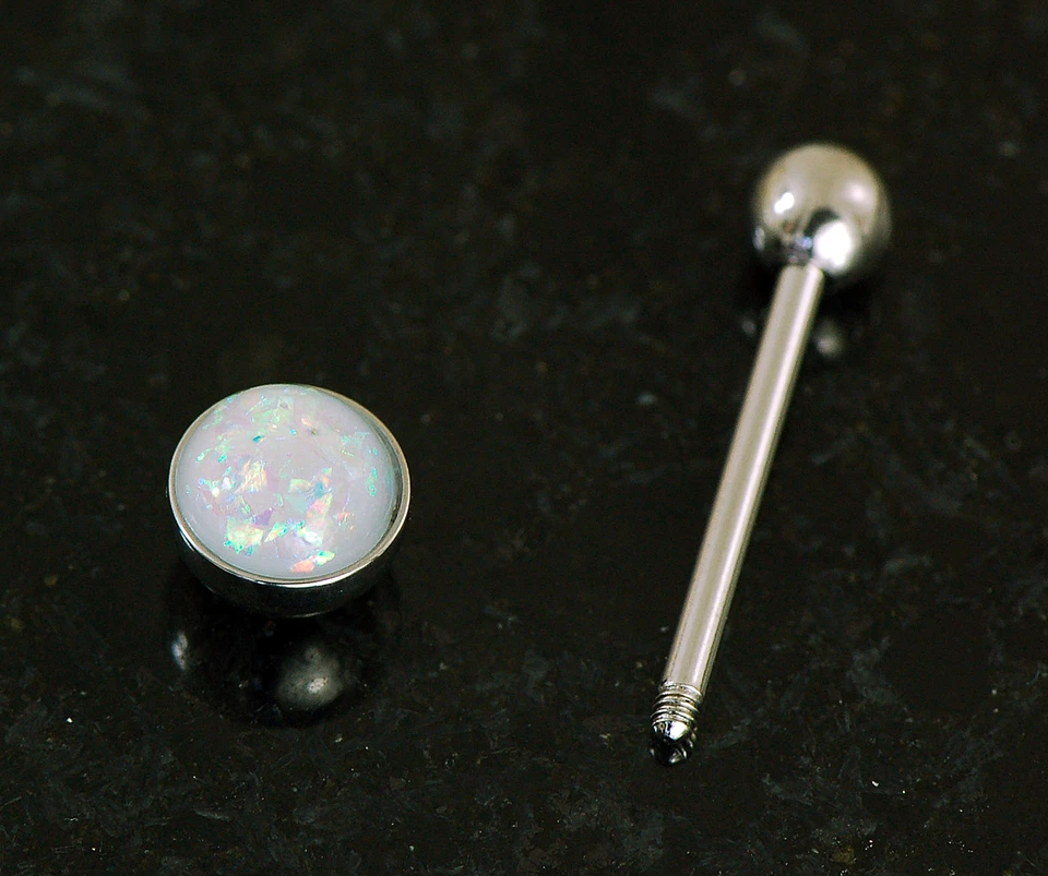 1件装14克5/8英寸白色蛋白石闪光316L手术钢舌环烧烤 — 第 3/3 张图片