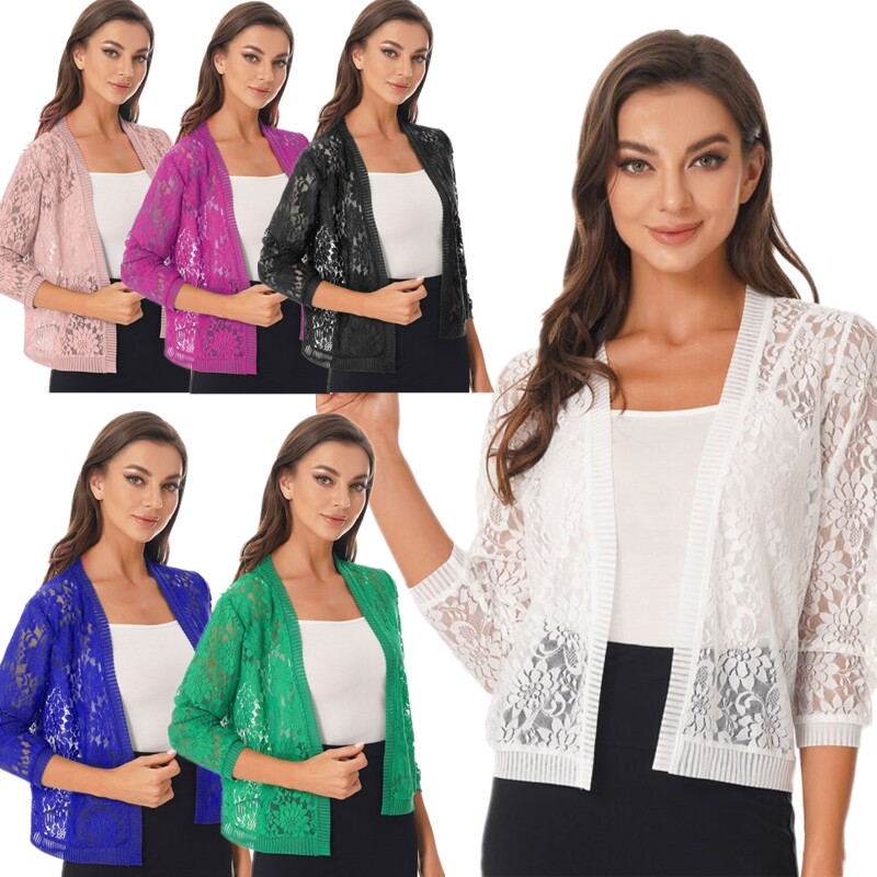 Damen Bolero Elegant Bolerojacke Spitze 3/4 Ärmel Schulterjacke Strickjacke  Tops
