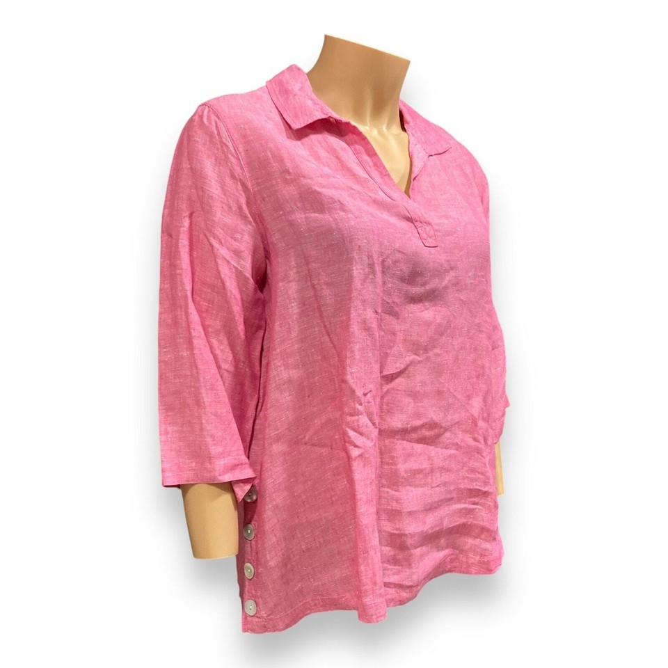 Tahari Pink 3/4 Sleeve Oversize Boho Mom Gauze Loose Fit Linen Top Size