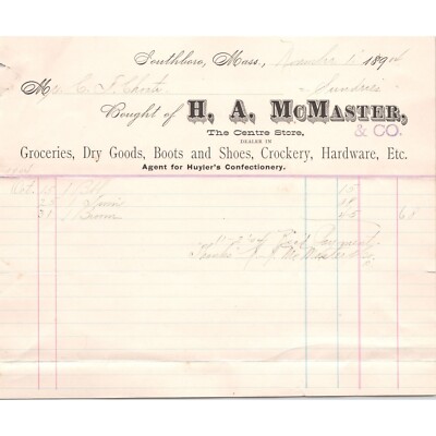 1904 Antique Billhead - H.A. McMASTER & CO Groceries Dry Goods - Southboro, Mass