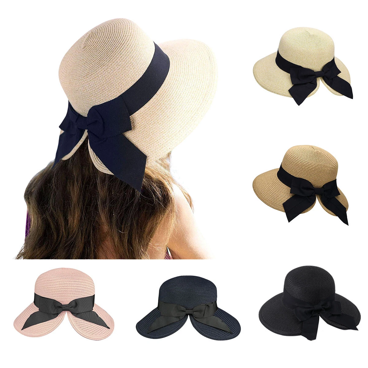 Women Summer Sun Visor Straw Hat Floppy Wide Brim Foldable Cap Bow Beach Hats