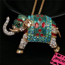 Fashion Women Enamel Blue Rhinestone Elephant Crystal Pendant Chain Necklace