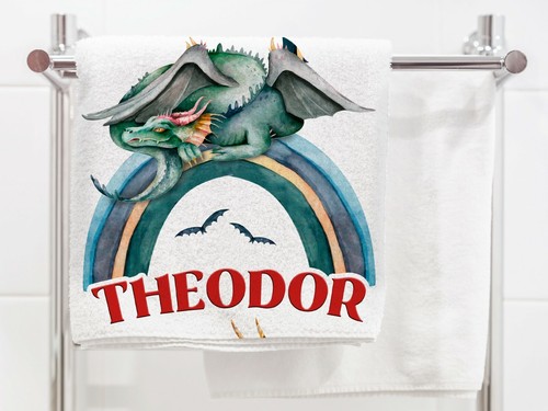 Kinder Handtuch Drachen & Regenbogen, personalisiert mit Namen, Geschenk Junge - Bild 2 von 4