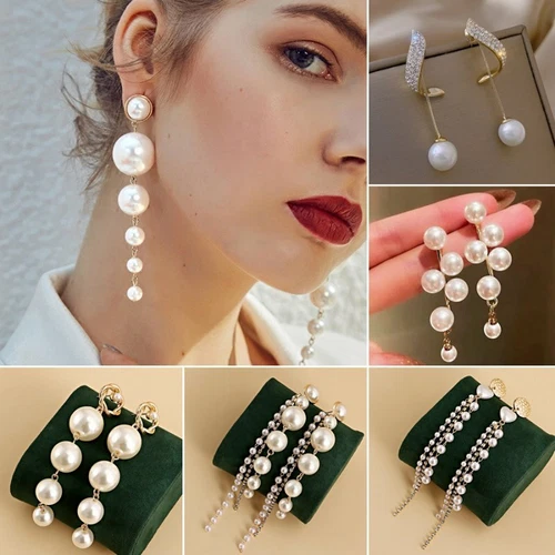 Fashion Long Tassel  Pearl Crystal Ear Stud Earrings Drop Dangle Women Jewellery