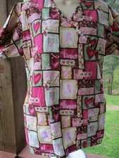 Peaches Brand SCRUB TOP Size Small-Hope/Love/Pink Cancer Ribbon Pattern