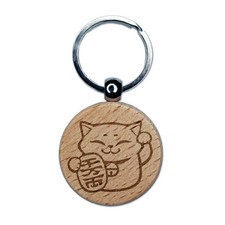 Maneki Neko Lucky Cat Engraved Wood Round Keychain Tag Charm