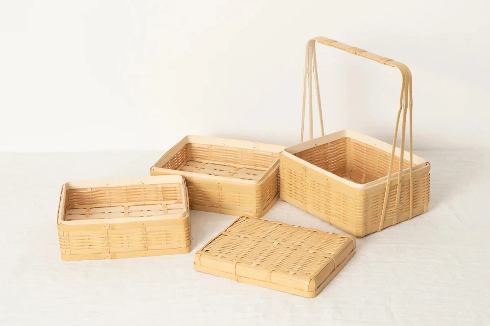 Bento Box Picnic Basket with Handle Three Tiers White Bamboo Kagoshima Japan