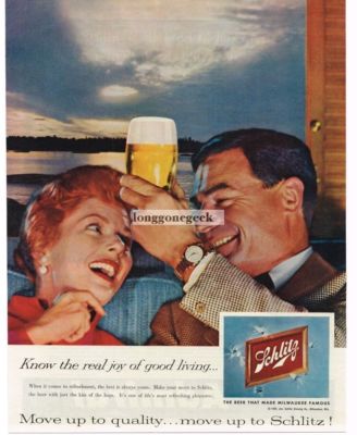 1959 SCHLITZ Beer Man Woman Enjoying Cold One at Sunset Vintage Print Ad 