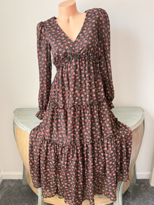 August Sky Maxi Dress S Floral Tiered Long Sleeve V Peasant Prairie Cottage Core